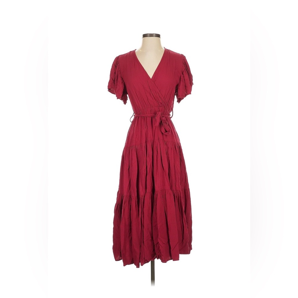 Petal & Pup Burgundy Wrap Midi Dress with Tie Waist